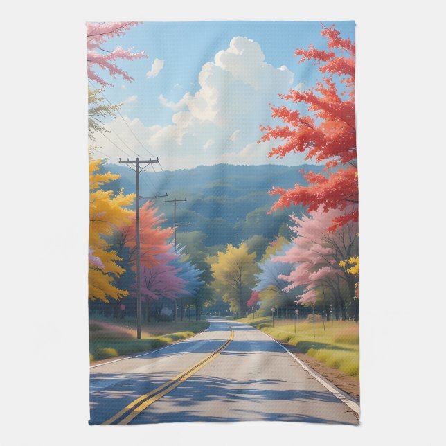 Pastel Autumn Country Road Watercolor Kökshandduk (Vertikal)