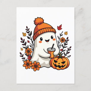 Pastel Autumn Kawaii Ghost Fall Pumpkin Spice Vykort
