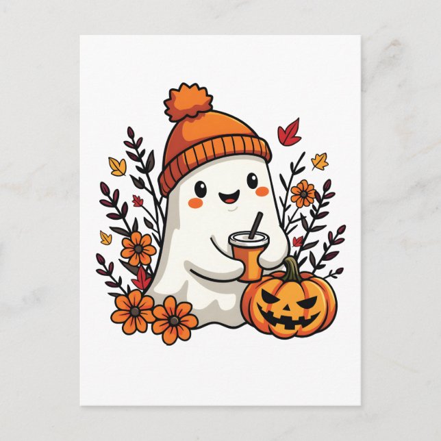 Pastel Autumn Kawaii Ghost Fall Pumpkin Spice Vykort (Framsida)