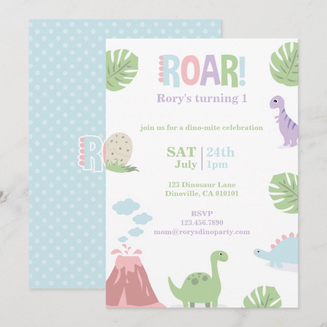 Pastel Baby Dinosaur Barns födelsedag Party Julkort (Fram/baksida)