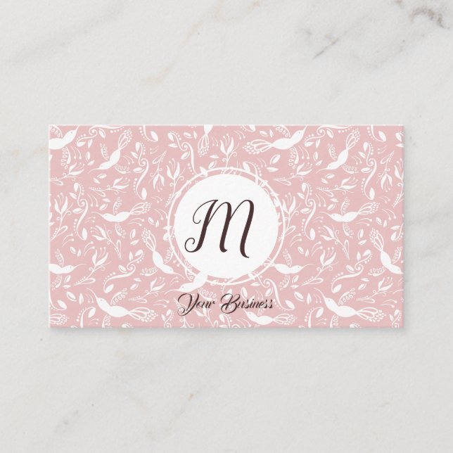 Pastel Baby Rosa Blommigt Birds Trendig Monogram Visitkort (Framsida)