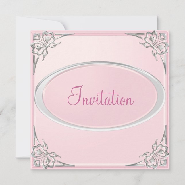 Pastel Baby Rosa Silver Butterfly Event Inbjudningar (Framsida)