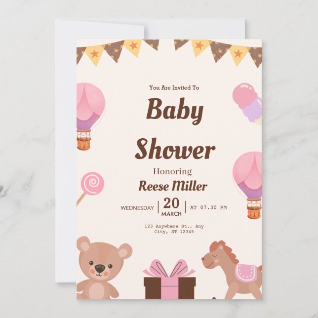Pastel Baby Shower Invite – Balloons, Bear & Candy Inbjudningar (Framsida)
