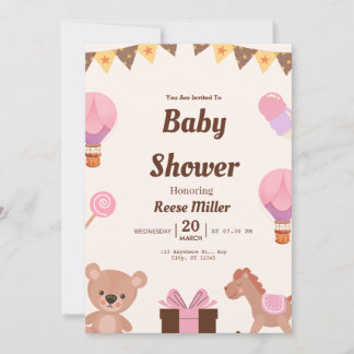 Pastel Baby Shower Invite – Balloons, Bear & Candy Inbjudningar