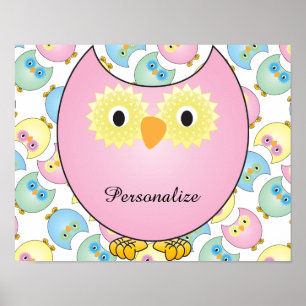 Pastel Baby Uggla Nursery Tema i Rosa Poster