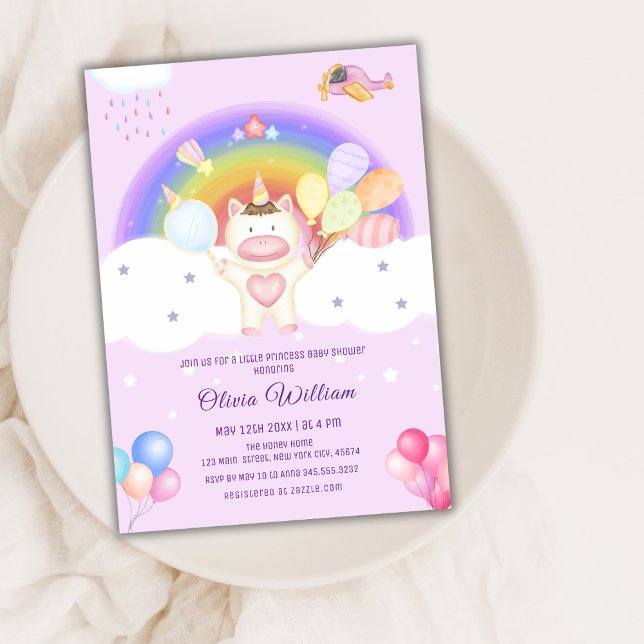 Pastel Balloon Unicorn Rainbow Shower Inbjudningar (Pastel Balloon Unicorn Rainbow Baby Shower Invitation)