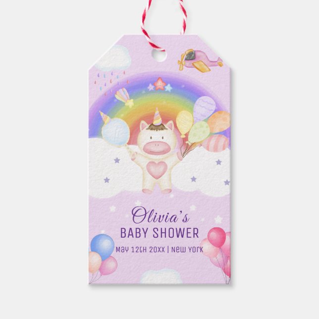 Pastel Balloon Unicorn Rainbow Shower Presentetikett (Framsidan)