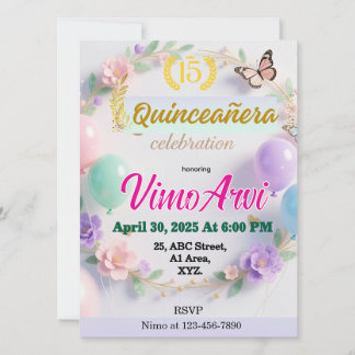 Pastel Balloons and Butterfly Quinceañera birthday Inbjudningar