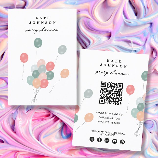 Pastel Balloons Party Planner QR Code Social Media Visitkort (Pastel Balloons Party Planner QR Code Social Media Business Card)