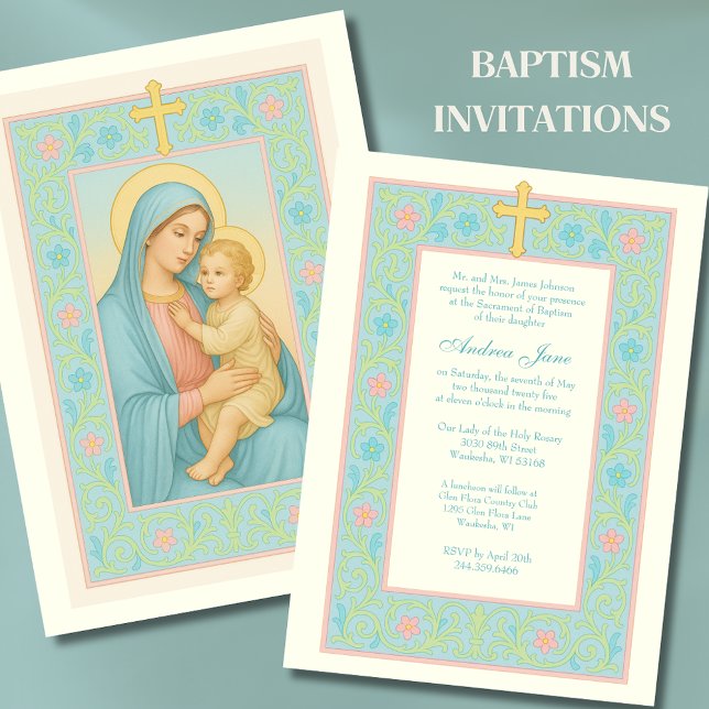 Pastel Baptism Mary och Jesus Blommigt Inbjudningar (Skapare uppladdad)
