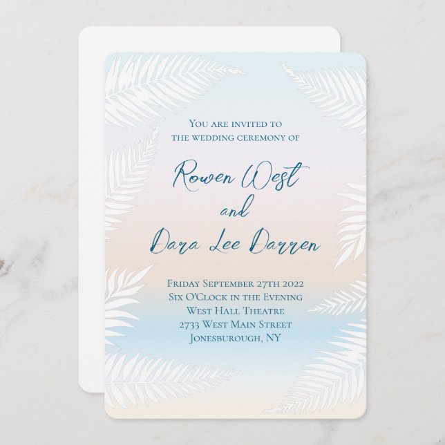 Pastel Beach Sunset Tropical Palm Leaf Wedding Inbjudningar (Fram/baksida)