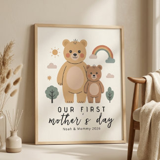 Pastel Bear Mom Baby First Mothers Day Art Poster