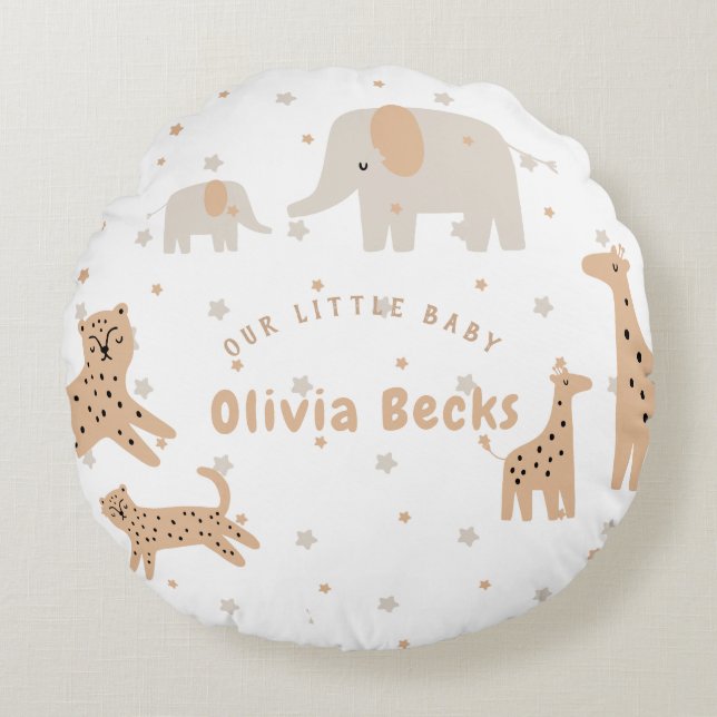 Pastel Beige Cute Illustrative Baby Shower Rund Kudde (Framsidan)