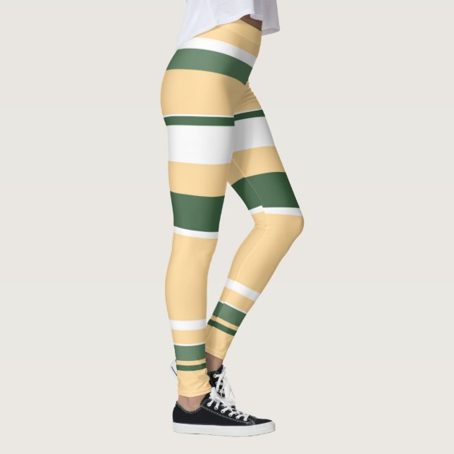 Pastel Beige Oliv grönt White Linjer Rand Leggings (Höger)