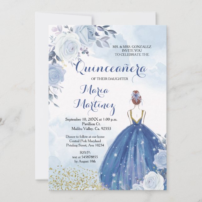 Pastel Blåa blommor Quinceañera-inbjudan Inbjudningar (Framsida)