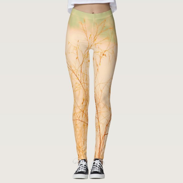 Pastel Blek Golden Träd Brunches Himlar Leggings (Framsida)