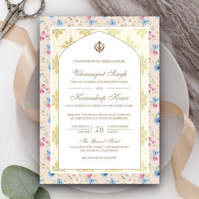 Pastel Blommigt Anand Karaj Punjabi Sikh Bröllop Inbjudningar (Skapare uppladdad)