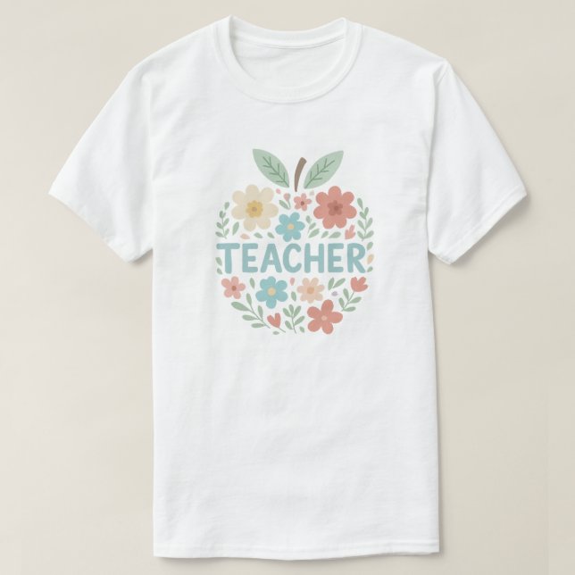 Pastel Blommigt Apple Teacher Design T Shirt (Design framsida)