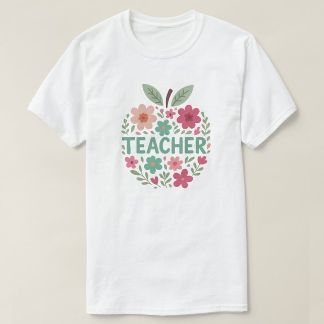 Pastel Blommigt Apple Teacher Design T Shirt (Design framsida)