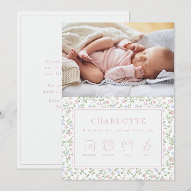 Pastel Blommigt Baby Birth Announcement Photo Card Inbjudningar (Fram/baksida)