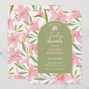 Pastel blommigt bloomar lily rosa grönt babydusch inbjudningar