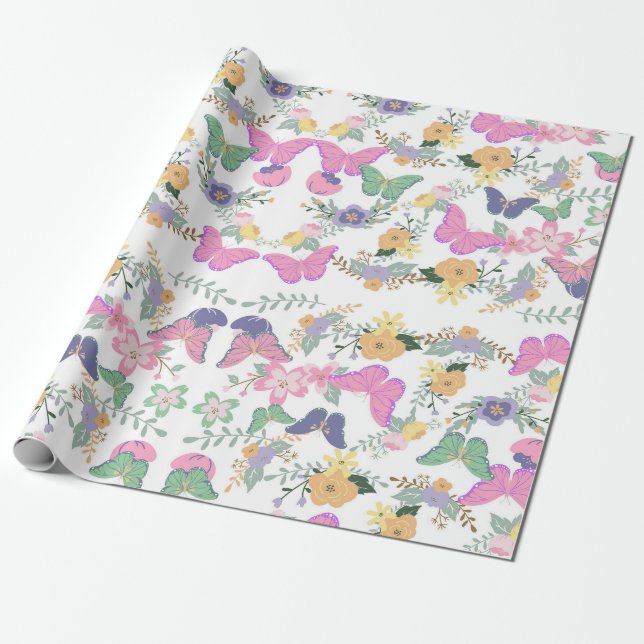 Pastel Blommigt Butterflies Gift Wrap Presentpapper (Utrullad)