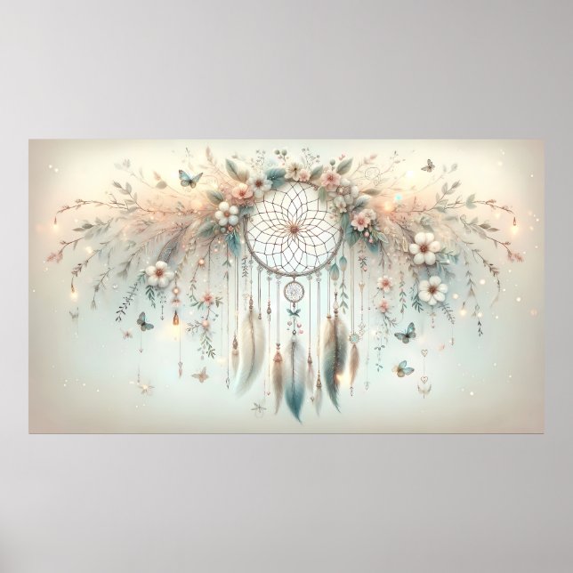 Pastel Blommigt Butterfly Dreamcatcher Poster (Framsidan)