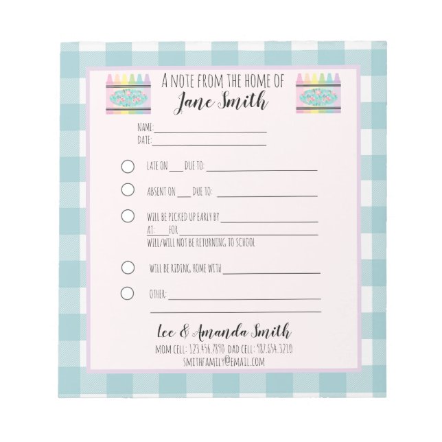 Pastel Blommigt Crayon School Note - ursäktning 1  Anteckningsblock (Framsida)