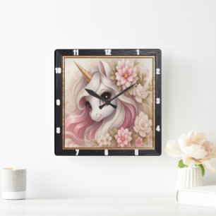 Pastel Blommigt Dreamy Unicorn Fyrkantig Klocka