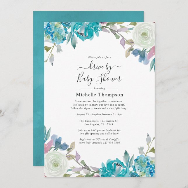 Pastel Blommigt Drive by Möhippa or Baby Shower Inbjudningar (Fram/baksida)