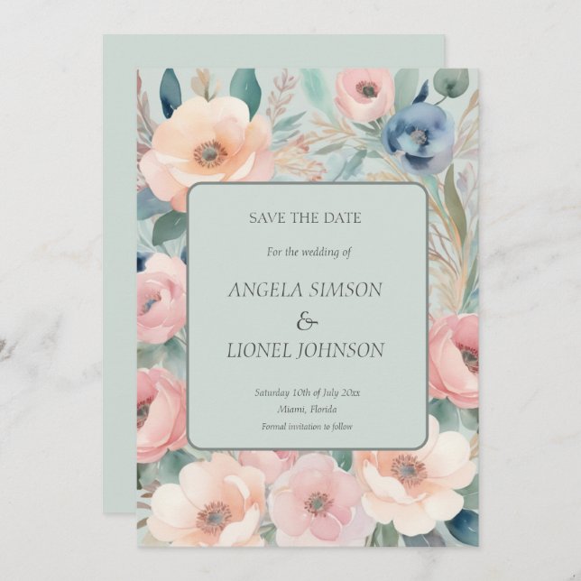 Pastel Blommigt Elegance Bröllop Spara Datumet (Fram/baksida)