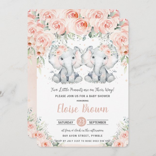Pastel  Blommigt Elephant Twillingars Baby Shower Inbjudningar (Fram/baksida)