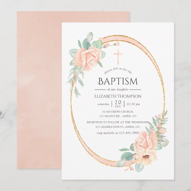Pastel  Blommigt Geometric Baptism Inbjudningar (Fram/baksida)