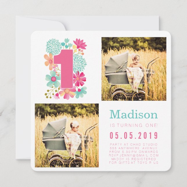 Pastel Blommigt Girls 1:a födelsedagsfoto Inbjudningar (Framsida)