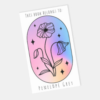 Pastel Blommigt Hologram Oval Bok Plate Rektangulärt Klistermärke