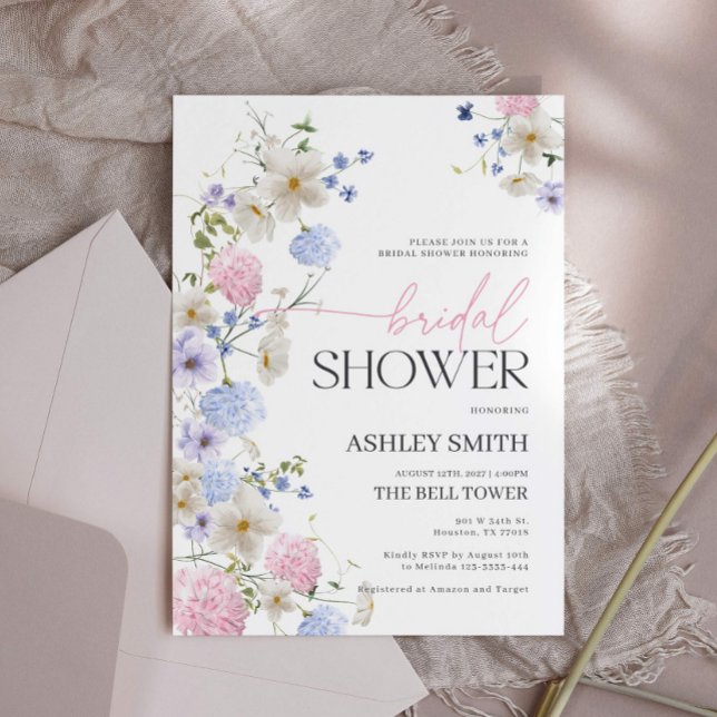 Pastel Blommigt Inbjudningskort för möhippan (floral pastel bridal shower invitation with blush and purple flowers)