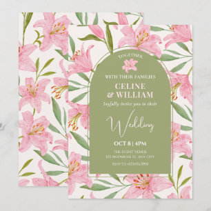 Pastel blommigt lily rosa grönt bröllop inbjudningar