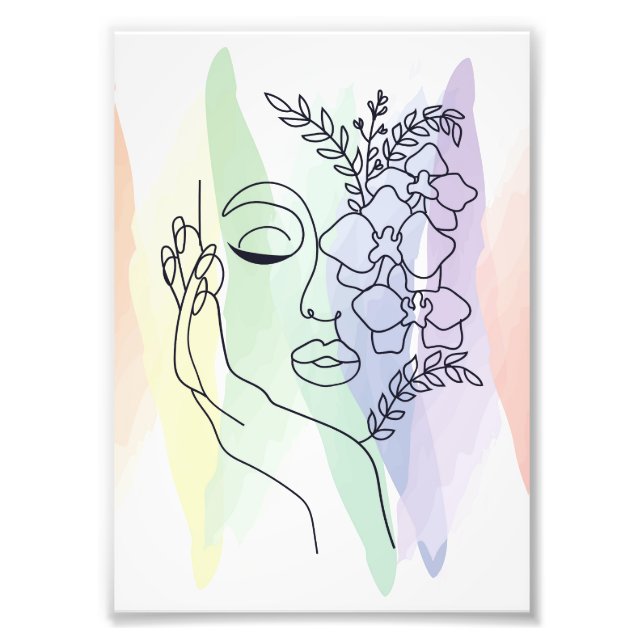 Pastel Blommigt Line Art Ansikte utskrivbar väggko Fototryck (Framsidan)