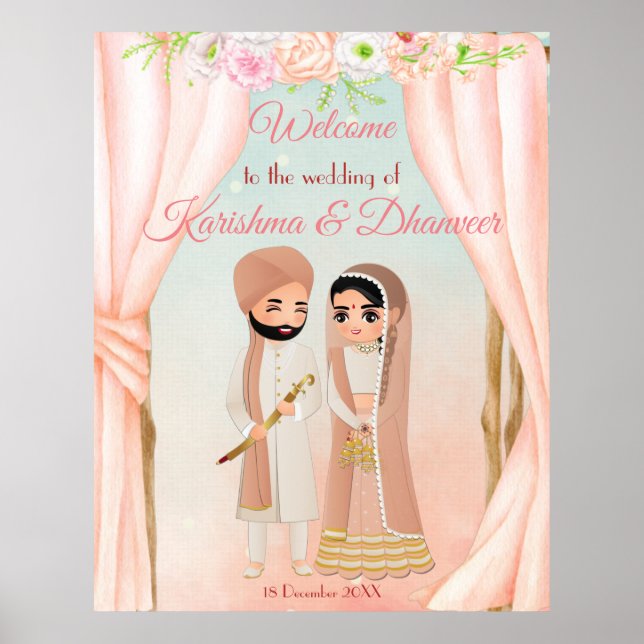Pastel blommigt mandap med indiskt par välkommen F Poster (Framsidan)