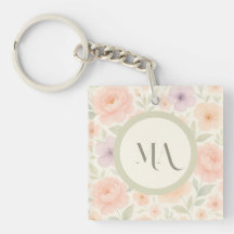 Pastel Blommigt Monogram Acrylic Keychain