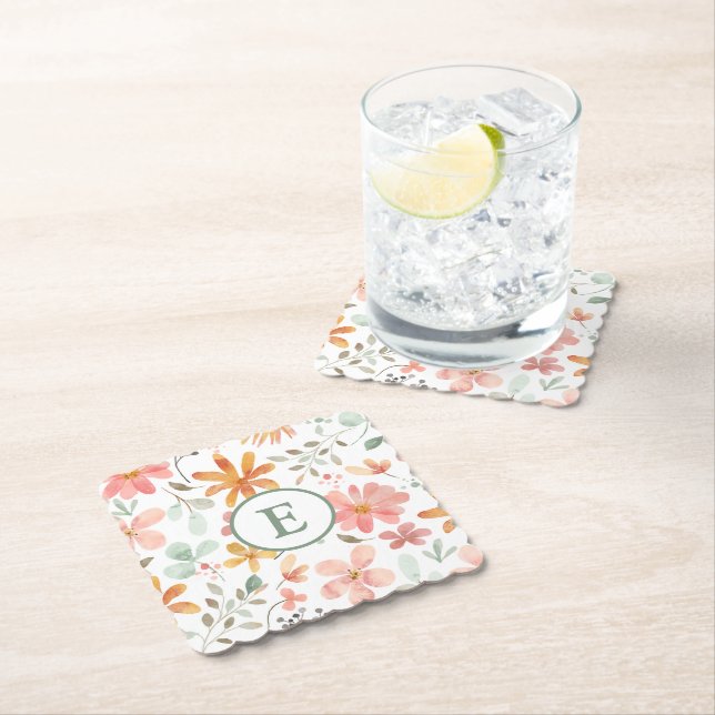 Pastel Blommigt Monogram Papper Underlägg (Insitu)