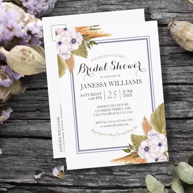 Pastel Blommigt Pampas Grass Möhippa Inbjudan Vykort (PASTEL LAVENDER PAMPAS GRASS BRIDAL SHOWER INVITATION POSTCARD)