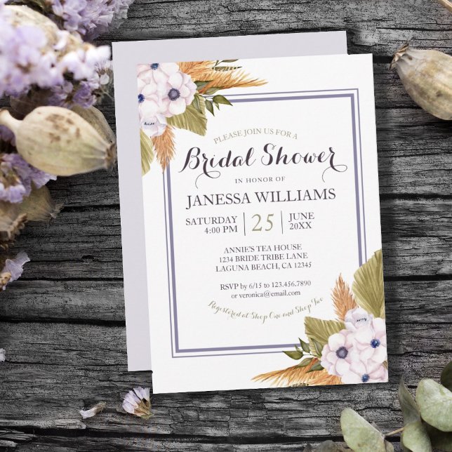 Pastel Blommigt Pampas Grass Möhippa Inbjudningar (PASTEL LAVENDER FLORAL PAMPAS GRASS BRIDAL SHOWER INVITATION)