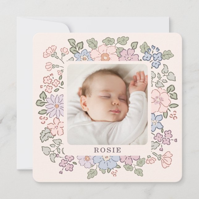 Pastel blommigt rosa Baby Birth Notice of Meddelande (Framsida)