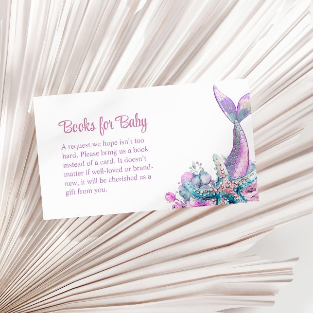 Pastel Blommigt Sjöjungfru Svan Starfish Bokar för Tilläggskort (Pastel Floral Mermaid Tail Starfish Books for Baby Enclosure Card on a sunny neutral dry palm leaf.)