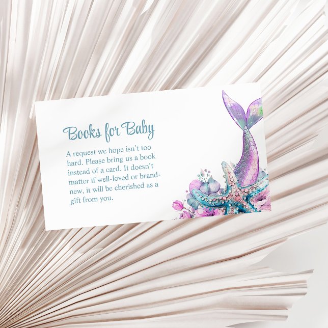 Pastel Blommigt Sjöjungfru Svan Starfish Bokar för Tilläggskort (Pastel Floral Mermaid Tail Starfish Books for Baby Enclosure Card on a sunny neutral dry palm leaf.)