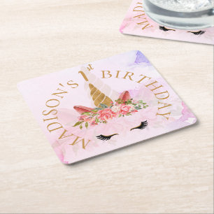 Pastel Blommigt Unicorn-Födelsedagsfest Underlägg Papper Kvadrat