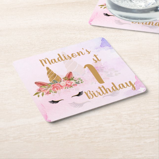 Pastel Blommigt Unicorn-Födelsedagsfest Underlägg Papper Kvadrat (Vinklad)