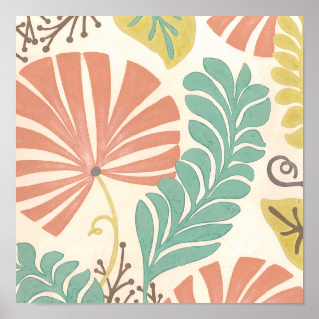 Pastel Blommigt Vines and Löv on Cream Background Poster (Framsidan)