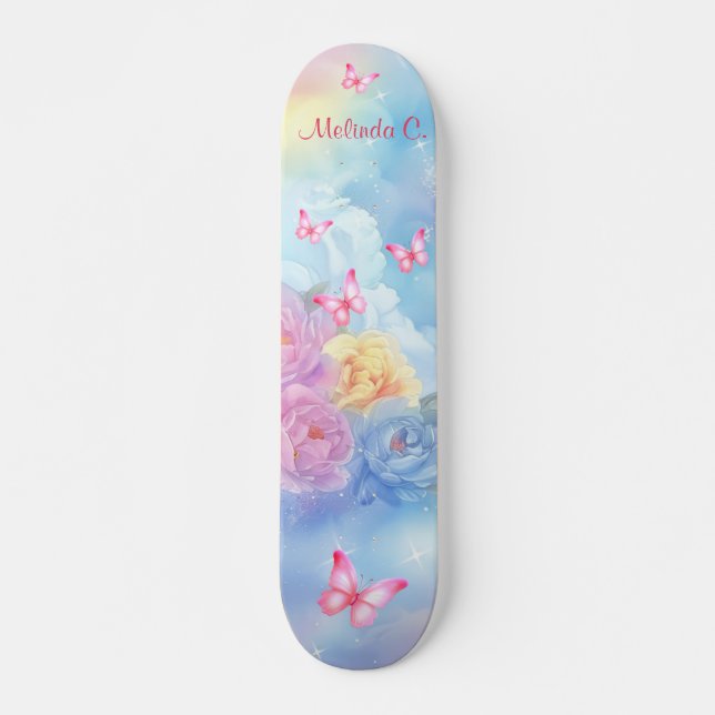 Pastel Blommigts & Rosa Butterflies Rainbow Clouds Mini Skateboard Bräda 18,5 Cm (Framsida)